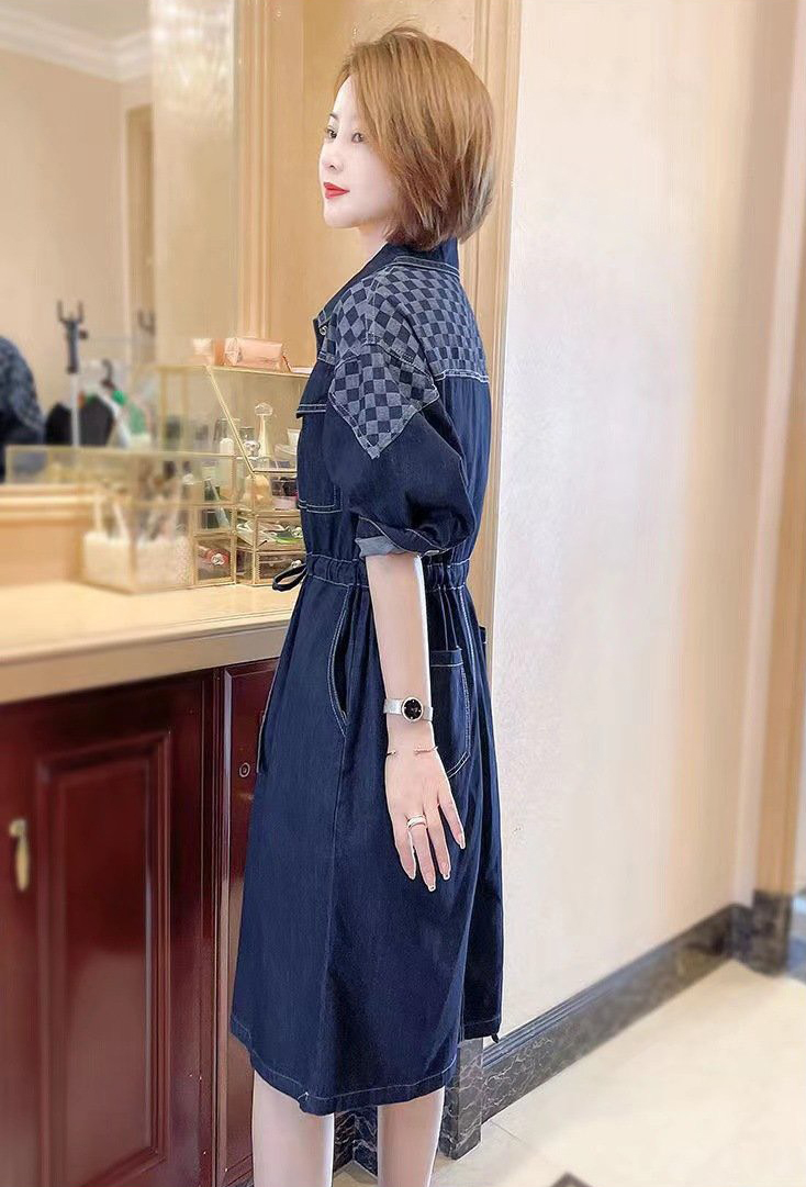 ĐẦM JEAN DENIM DÁNG XÒE CỔ SƠ MI PHỐI CARO